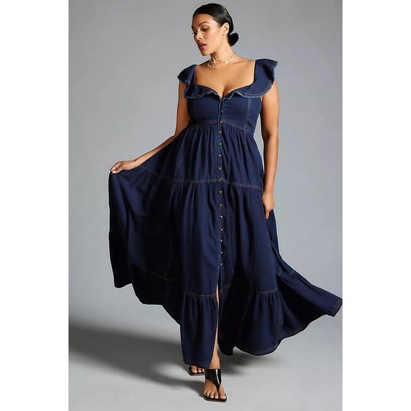 Pilcro and the Letterpress Dresses & Skirts - Pilcro Sweetheart Flutter Sleeve Denim Button Down Maxi Dress Small Blue Pockets